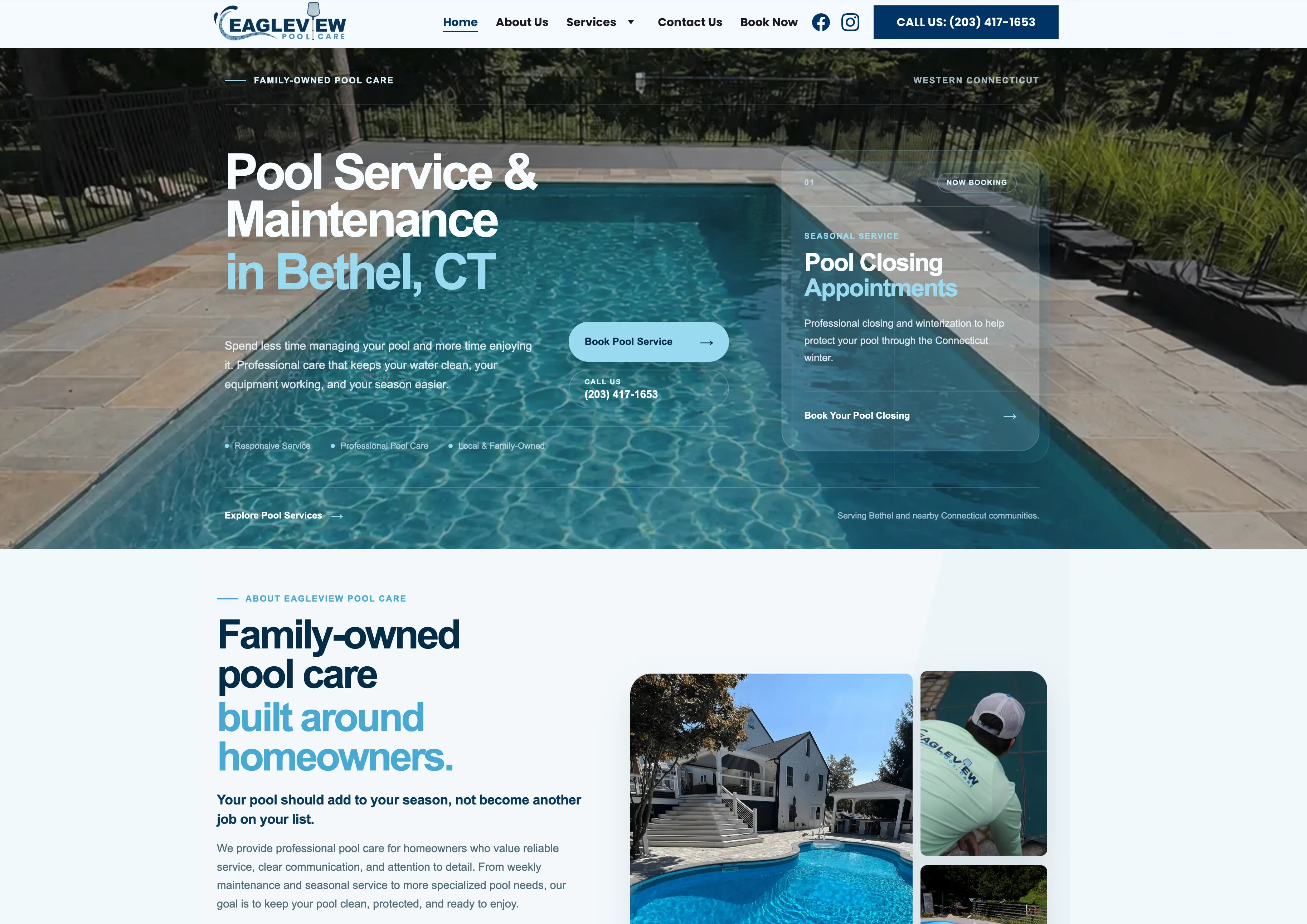 Página web diseñada para Eagleview Pool Care en Connecticut